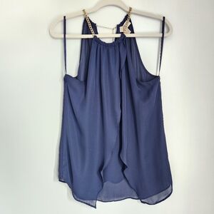 Michael Kors Size 6 Navy Blue Halter Top Extended Gold Chain Asymmetrical Hem